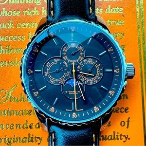 Stuhrling Original Chronograph with black leather strap band.